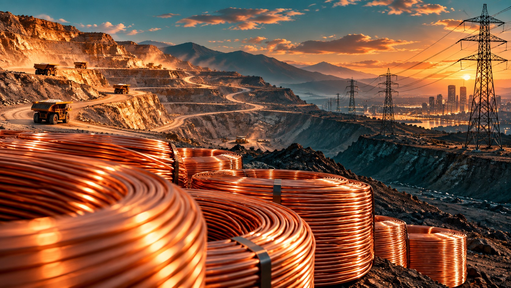 Conceptual copper coils with a mine and electrical grid