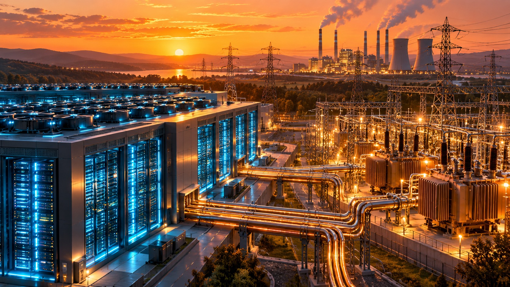 Conceptual illustration of AI servers, transformers and electricity generation