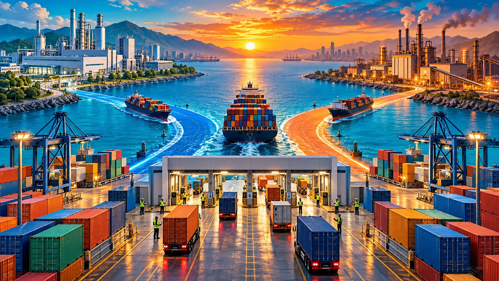 Conceptual port, customs gateway and diversified manufacturing routes